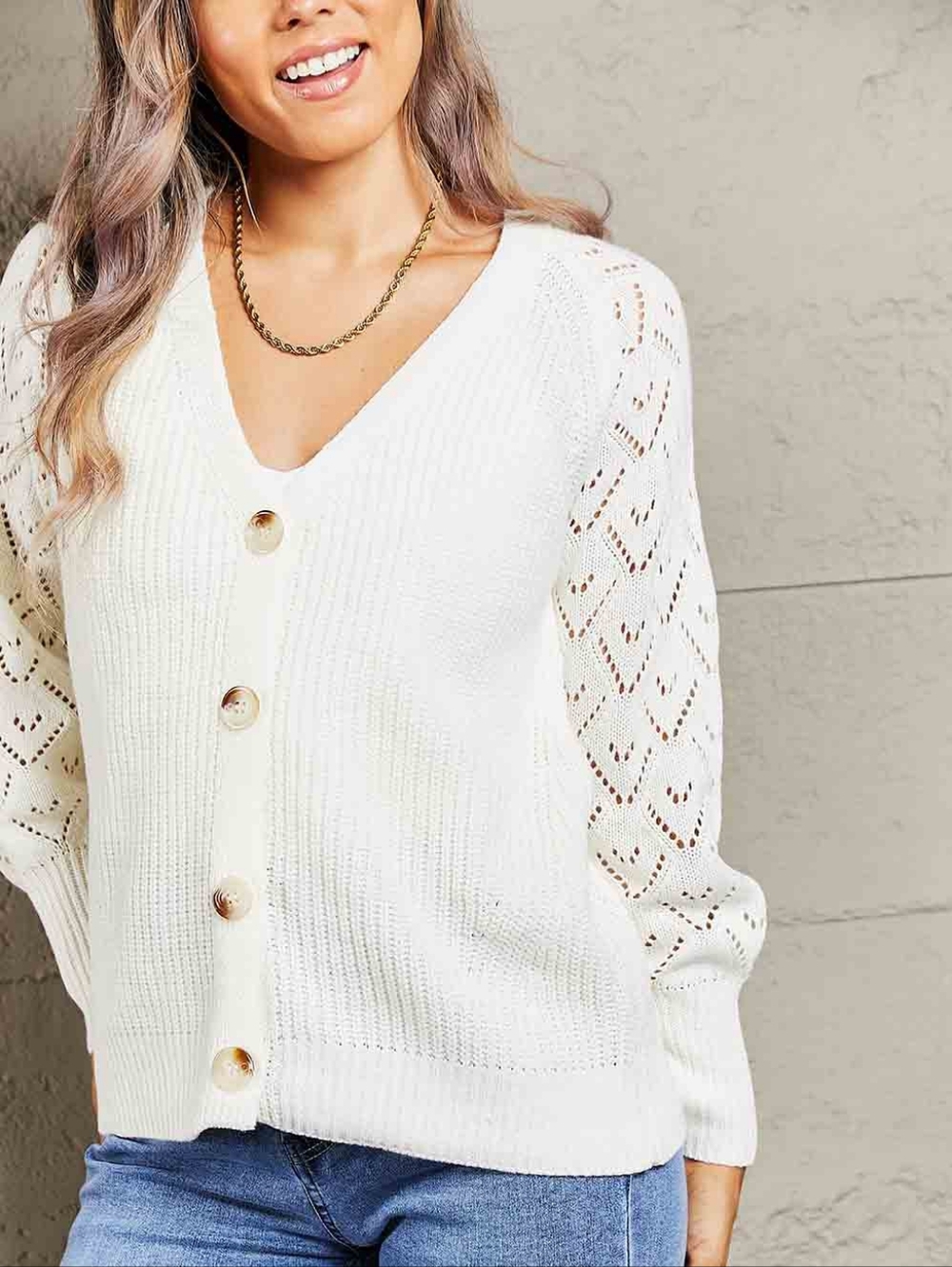 Charli Rib-Knit Raglan Cardigan - White - Picture 10 of 11